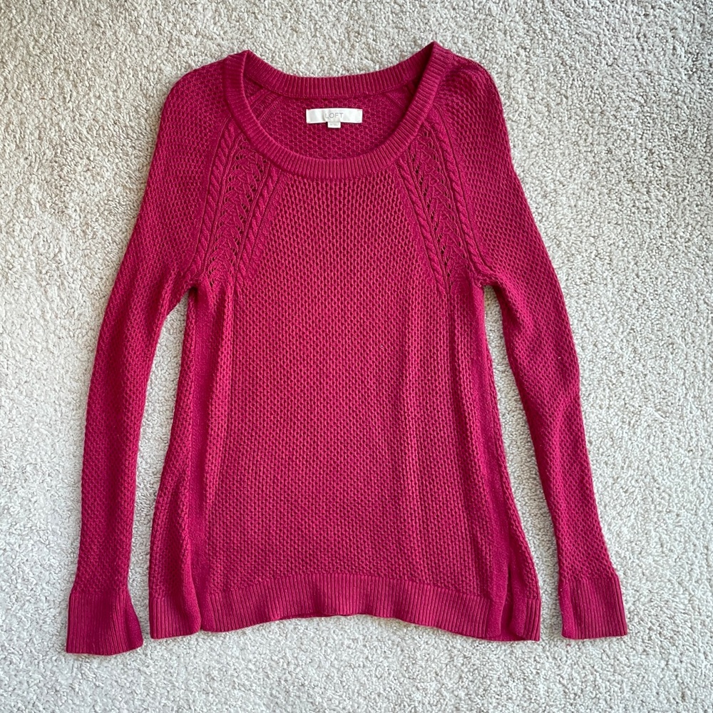 LOFT Maroon Red Knit Woven Semi Fitted Crewneck Long Sleeve Sweater Size XS